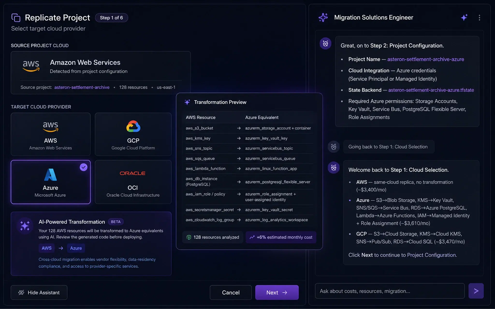 ops0 cross-cloud migration: replicate the asteron-settlement-archive project from AWS to Azure, with a transformation preview mapping 128 AWS resources to their Azure equivalents, an estimated monthly cost change, and an AI migration assistant guiding each step