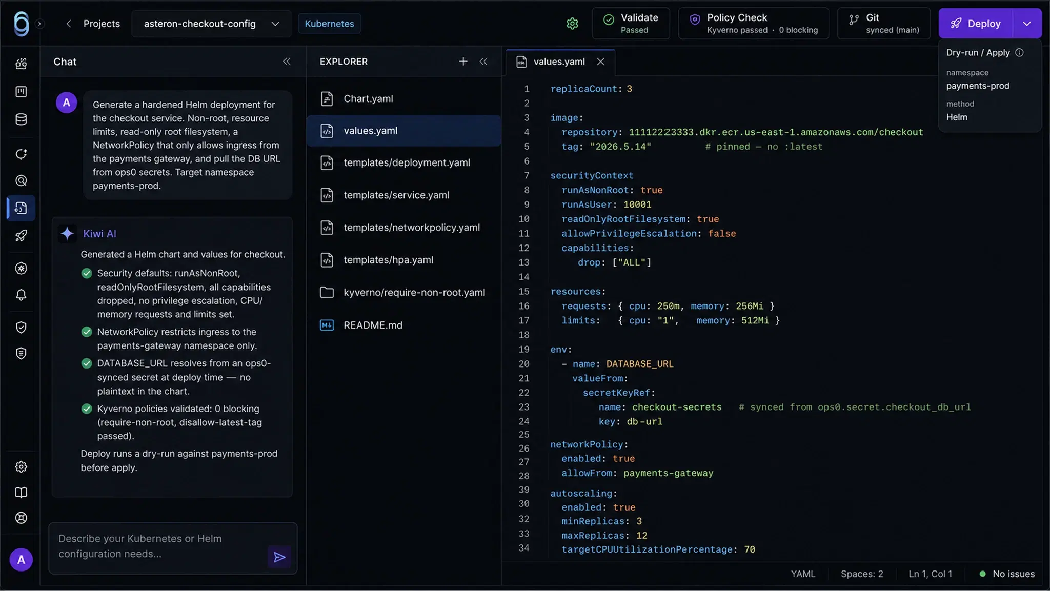ops0 configuration management: an AI-generated hardened Helm chart for the checkout service with a non-root security context, a NetworkPolicy, a secret-sourced database URL, and autoscaling, alongside validation, policy checks passed, Git sync, and a dry-run before deploy to the payments-prod namespace