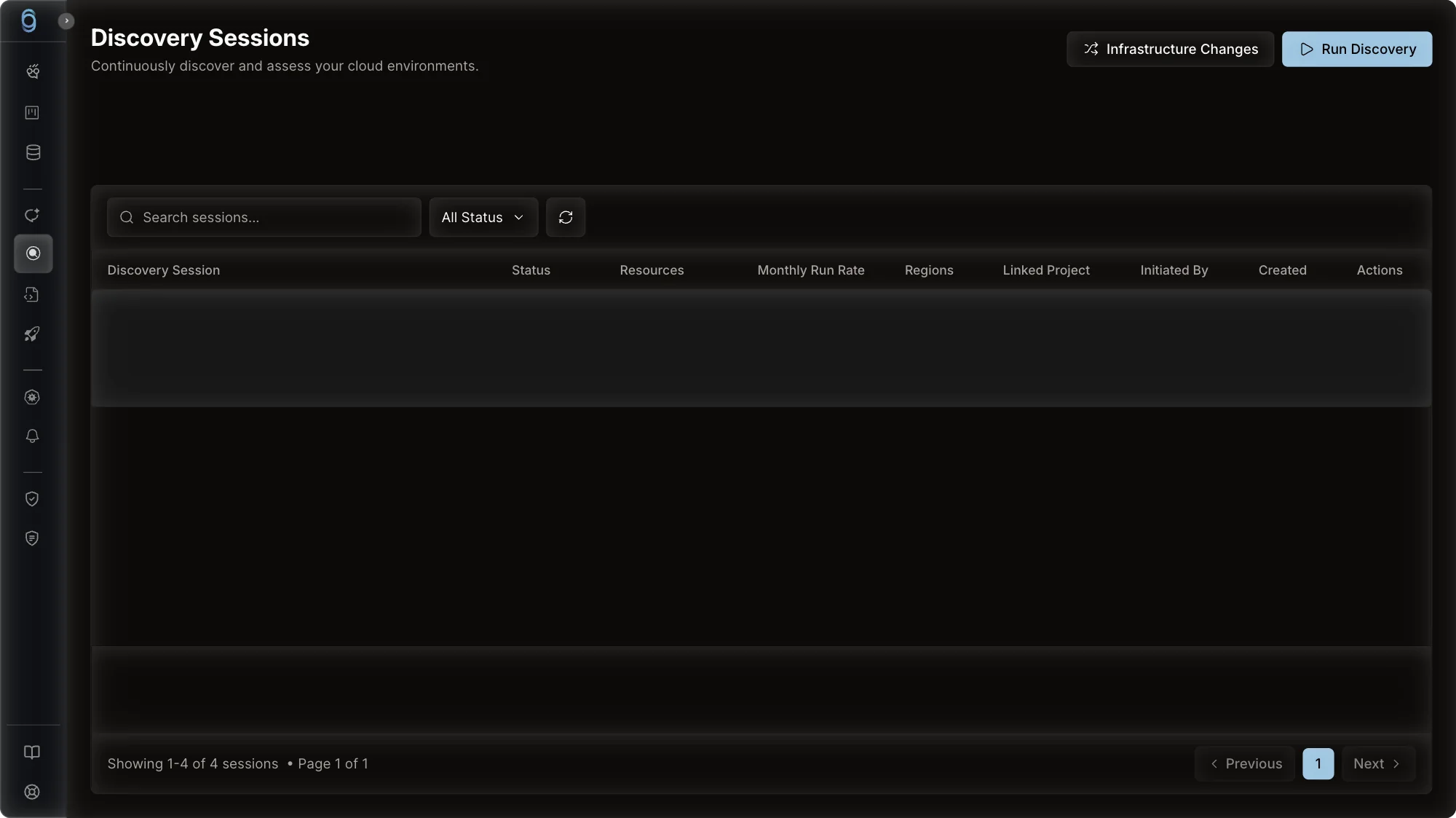 ops0 dashboard — cloud discovery sessions list