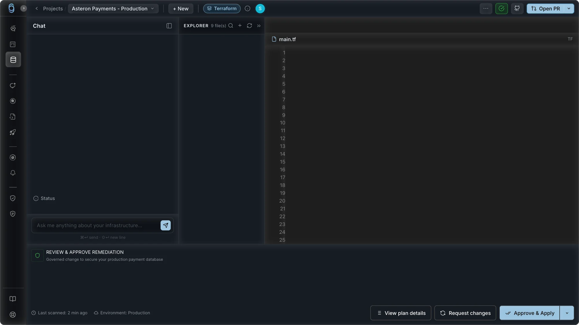 ops0 dashboard — Terraform remediation plan validated and PR ready